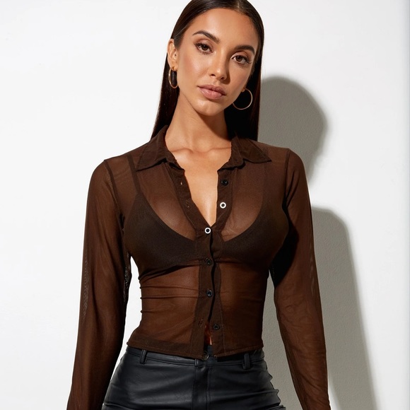 MOTEL ROCKS BROWN BUTTON UP MESH TOP IN CHOCOLATE - Picture 4 of 4